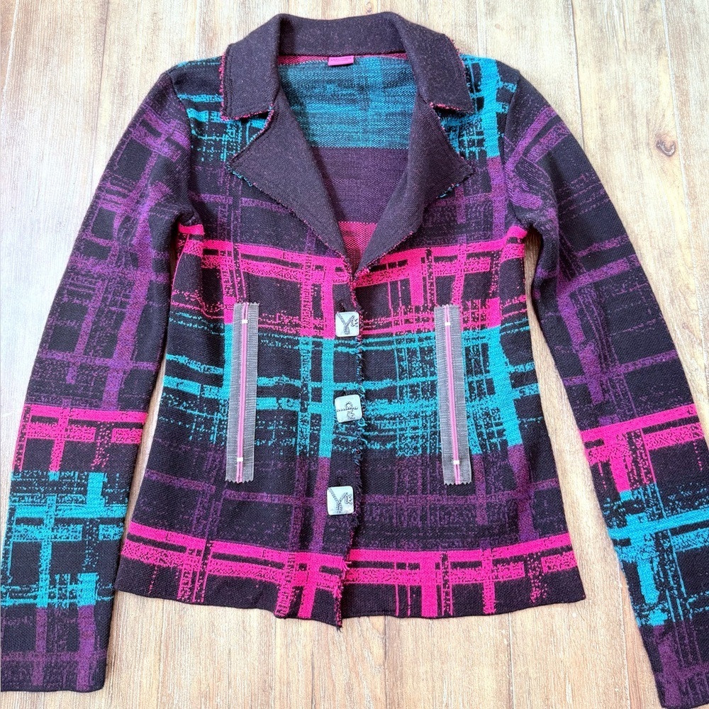 vintage save the queen wool cardigan sz S art deco abstract funky pink